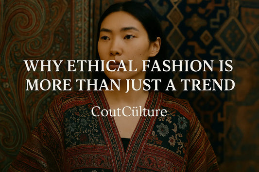 Young woman wearing sustainable fashion with cultural patterns, promoting ethical clothing and slow fashion – blog header image for CoutCülture