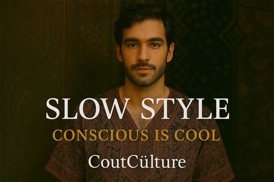 Young man in culturally inspired slow fashion tunic in front of tapestry – SLOW STYLE campaign by CoutCülture