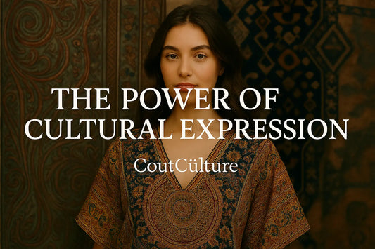 Young woman wearing a culturally inspired dress in warm tones, representing cultural expression and modern sustainable fashion – CoutCulture