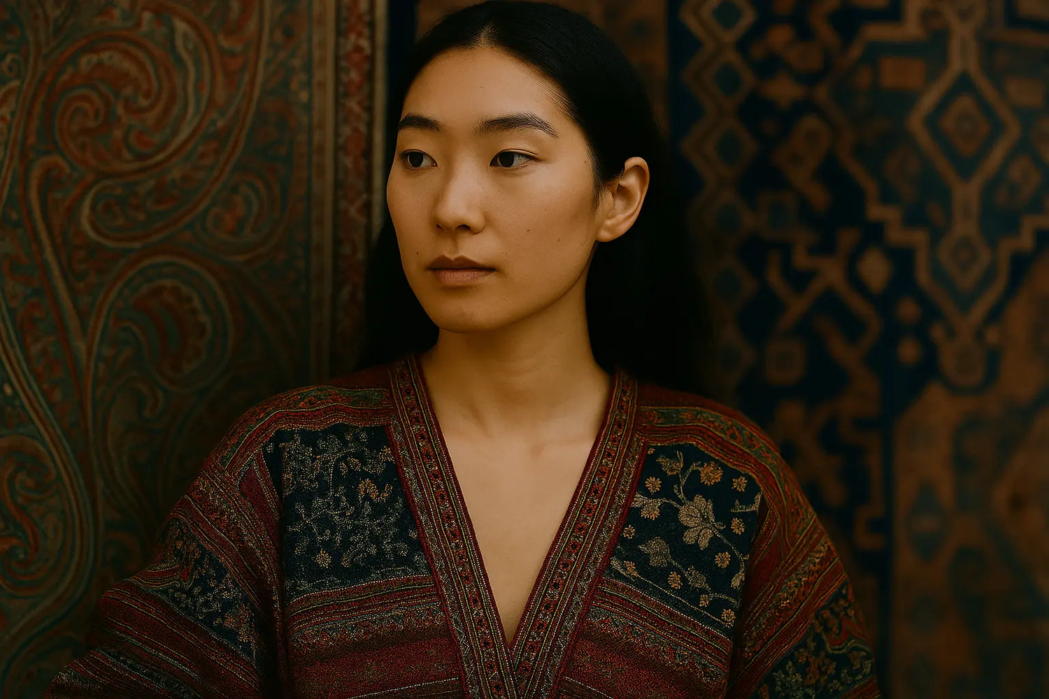Portrait of a woman wearing sustainable, culturally inspired mandala fashion by CoutCülture