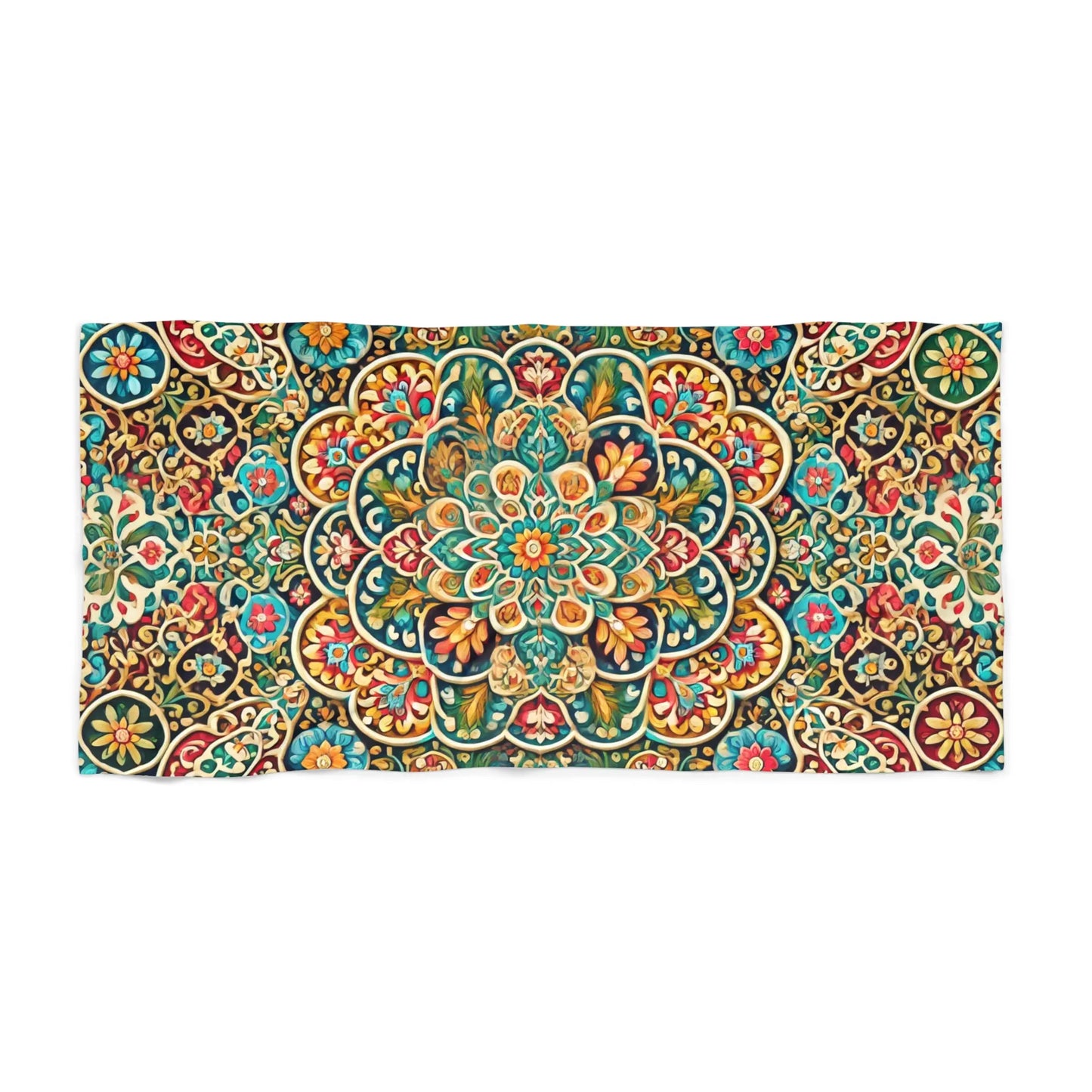 Large summer beach towel with boho-style mandala print, perfect for sunbathing