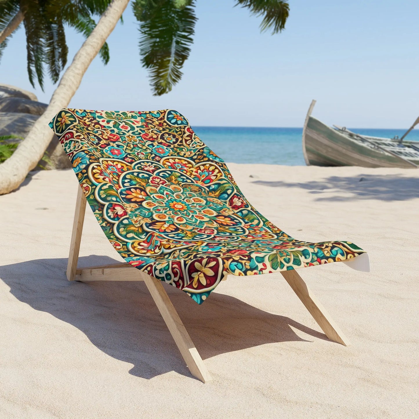 Large summer beach towel with boho-style mandala print, perfect for sunbathing