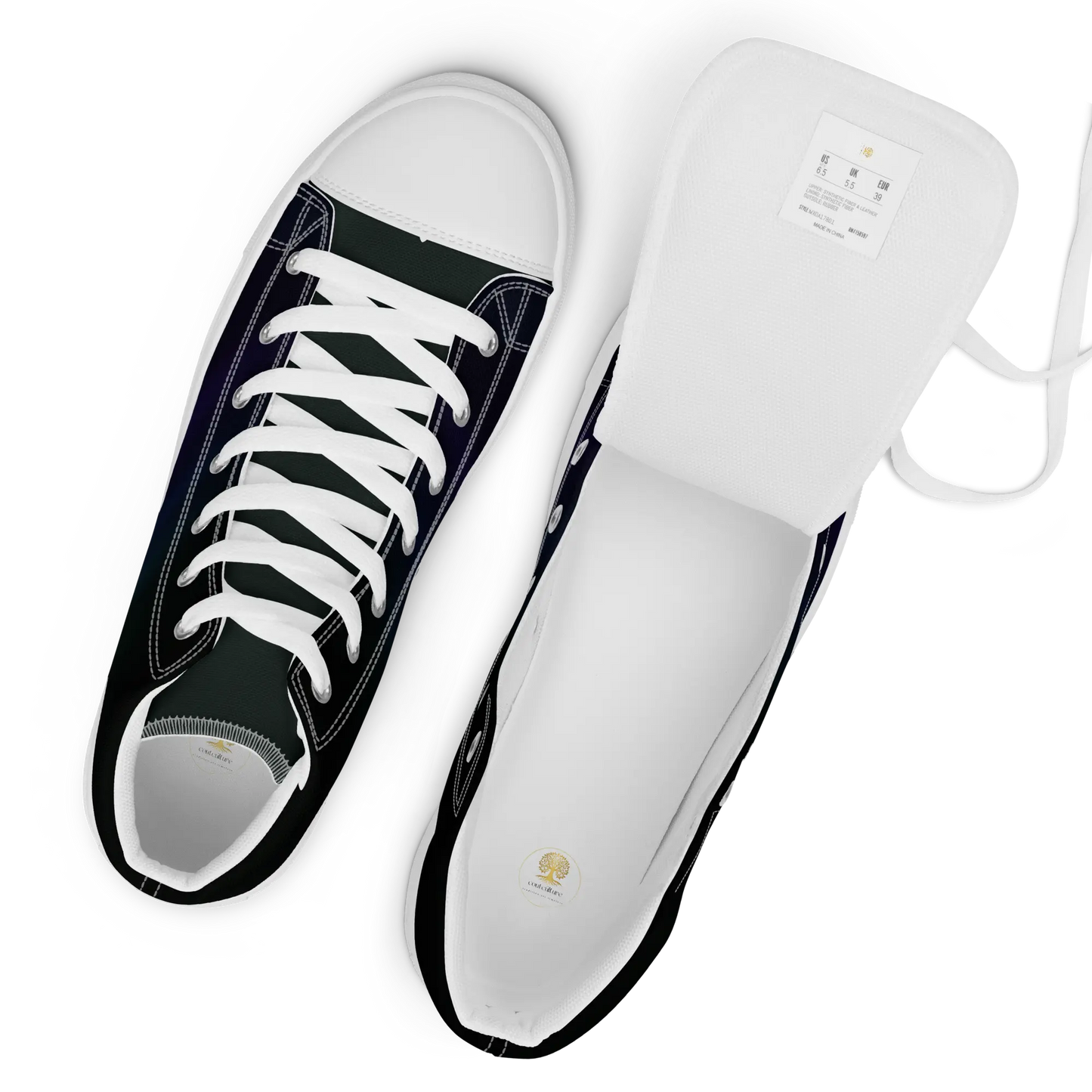 High-top canvas shoes with aurora borealis gradient design in green, blue, and purple