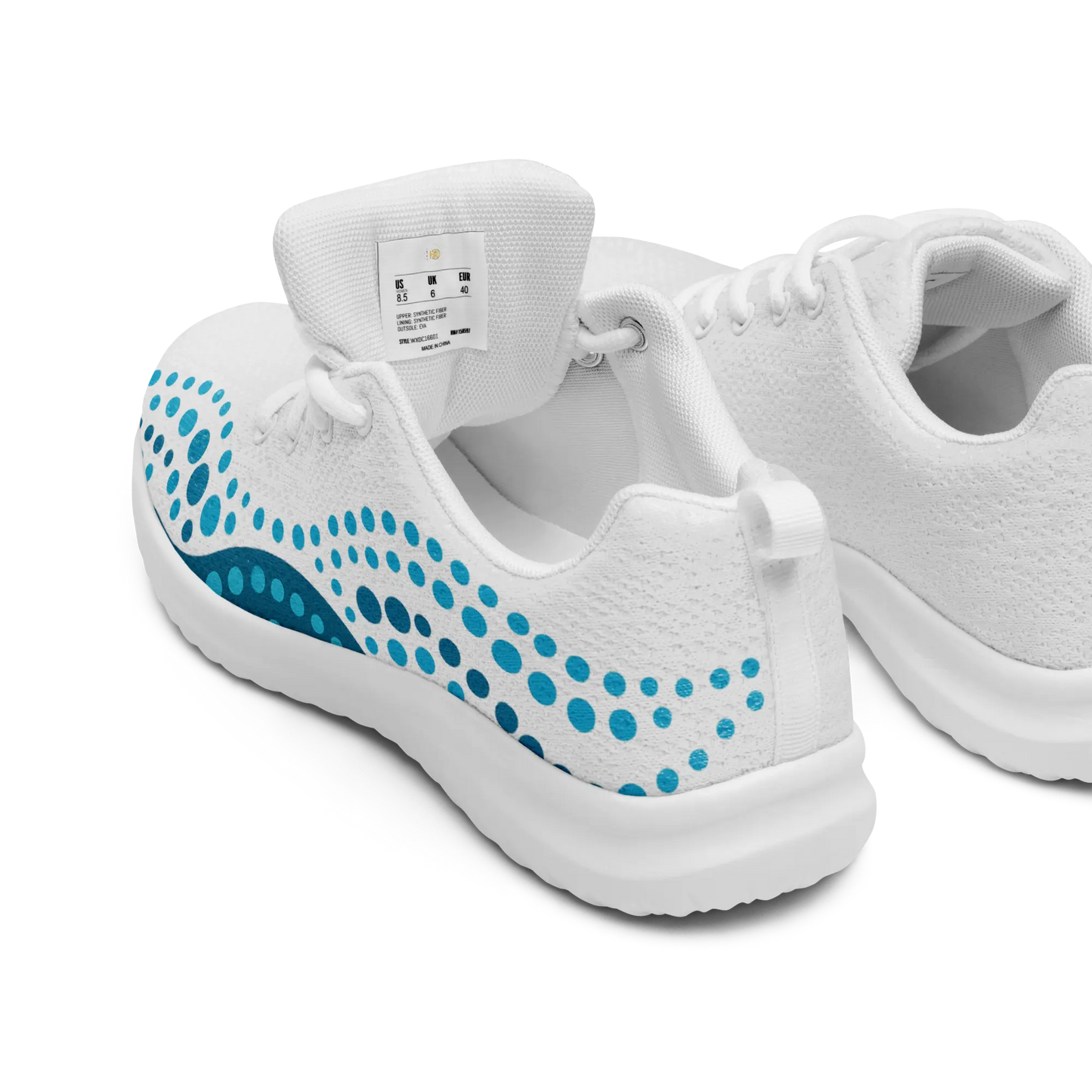 White athletic shoes with blue indigenous dot art pattern – Ocean Flow design