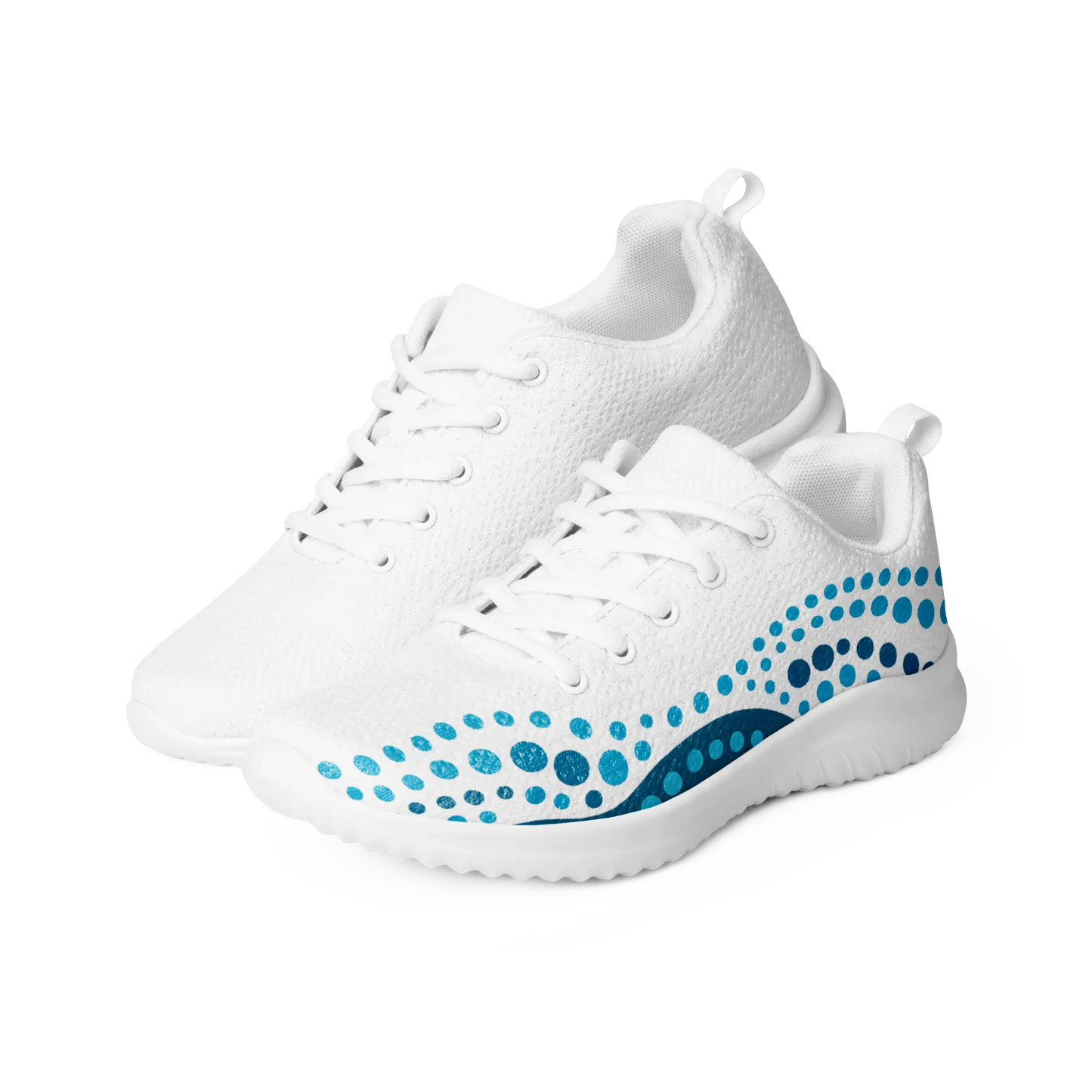 White athletic shoes with blue indigenous dot art pattern – Ocean Flow design