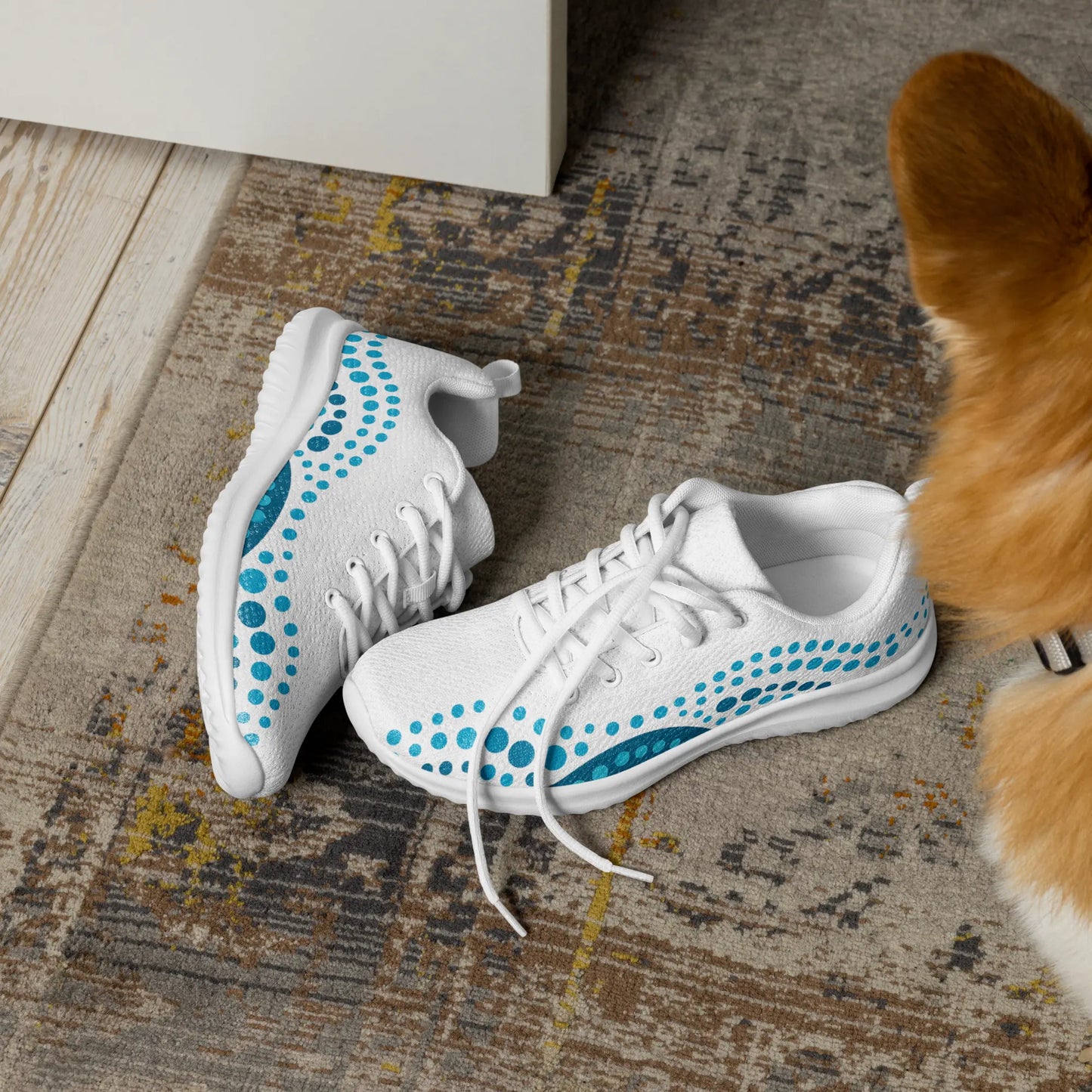White athletic shoes with blue indigenous dot art pattern – Ocean Flow design