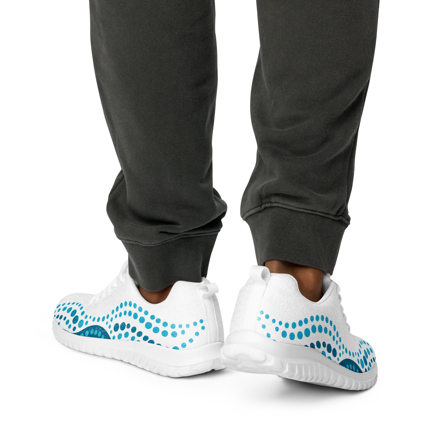 White athletic shoes with blue indigenous dot art pattern – Ocean Flow design