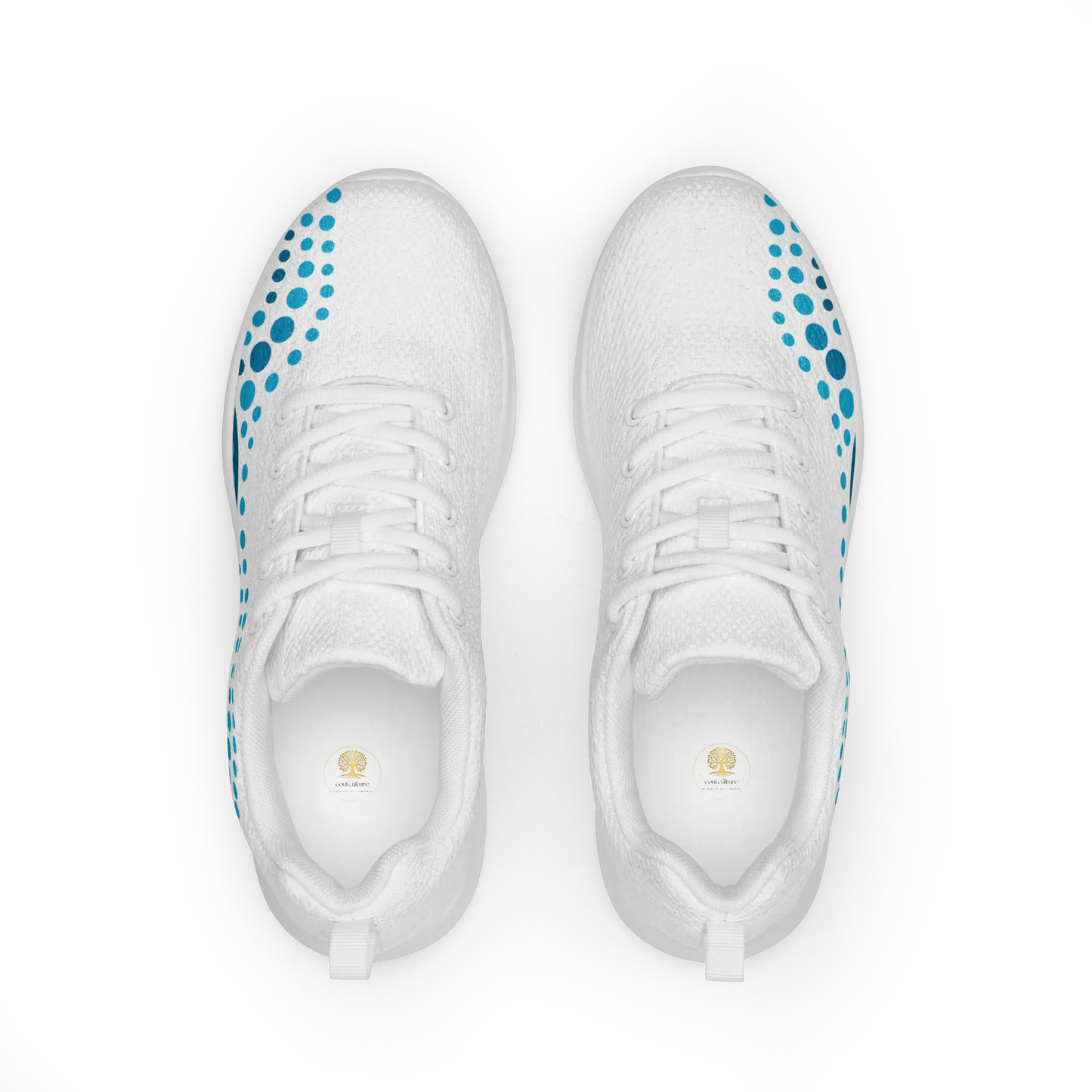 White athletic shoes with blue indigenous dot art pattern – Ocean Flow design