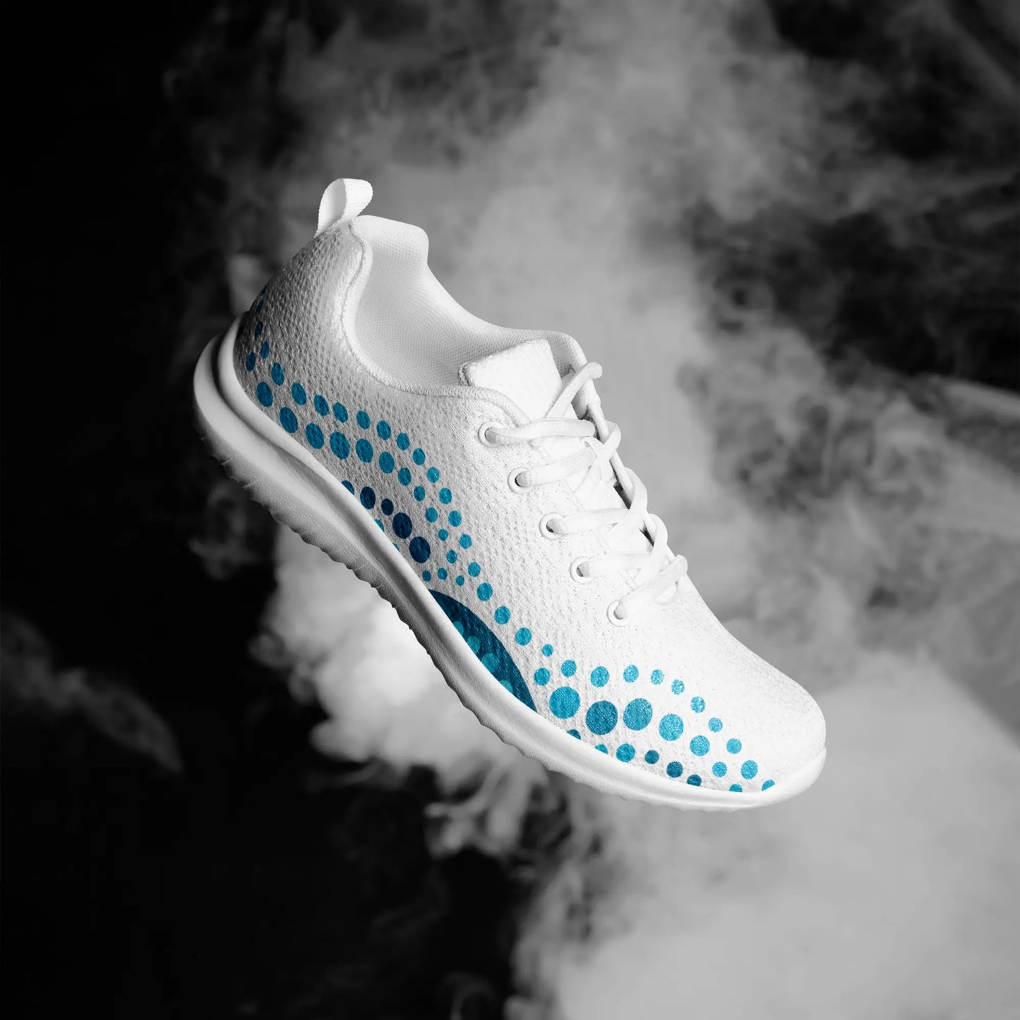 White athletic shoes with blue indigenous dot art pattern – Ocean Flow design