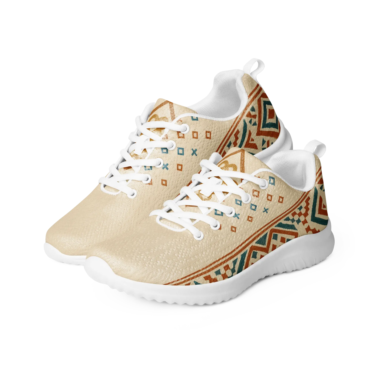 Beige men's athletic sneakers with Berber tribal pattern in teal and rust tones, shown on patterned rug with dog nearby.
