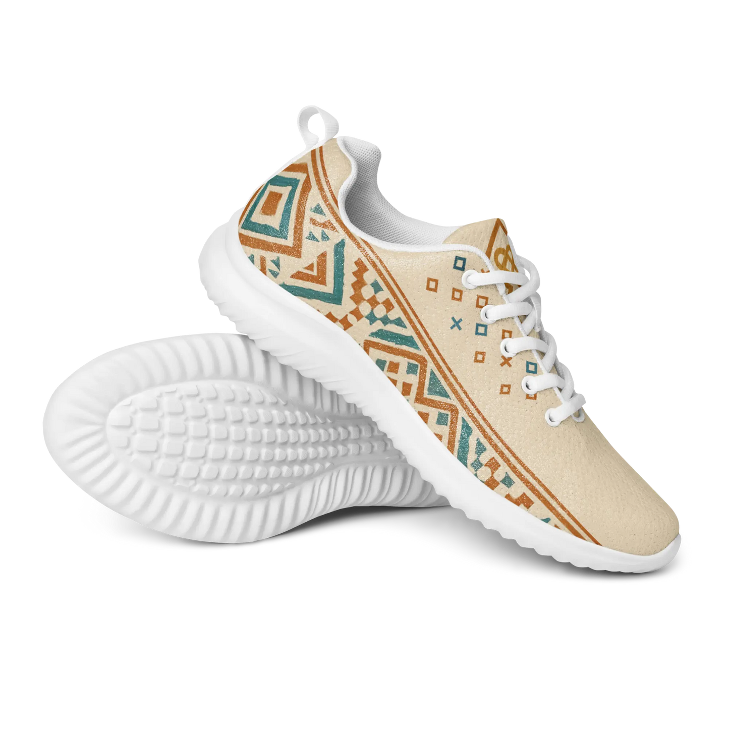 Beige men's athletic sneakers with Berber tribal pattern in teal and rust tones, shown on patterned rug with dog nearby.