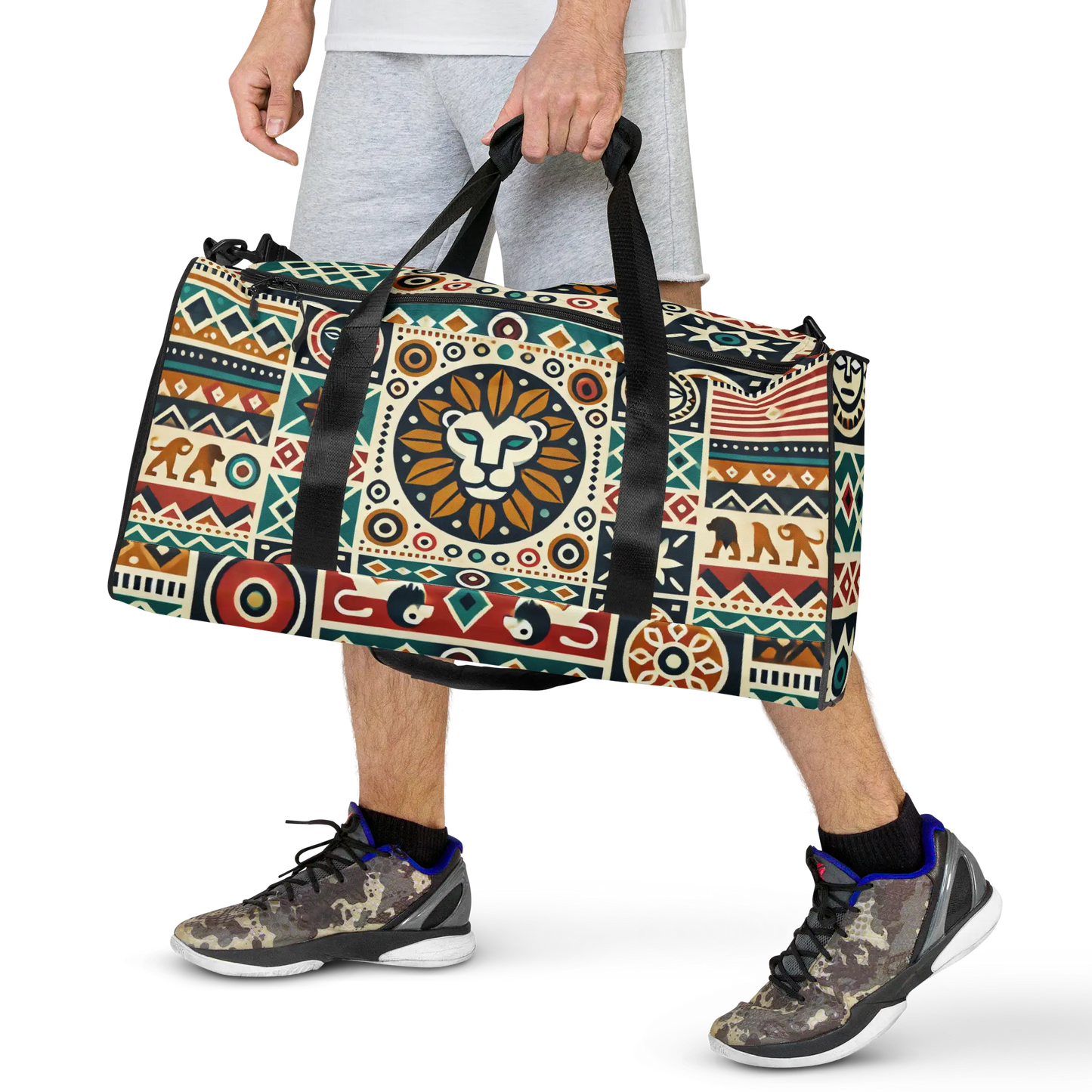 Tribal lion duffle bag with African-inspired pattern and bold lion head design