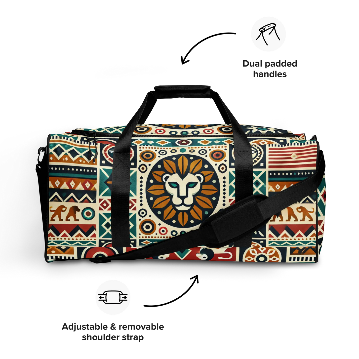 Tribal lion duffle bag with African-inspired pattern and bold lion head design