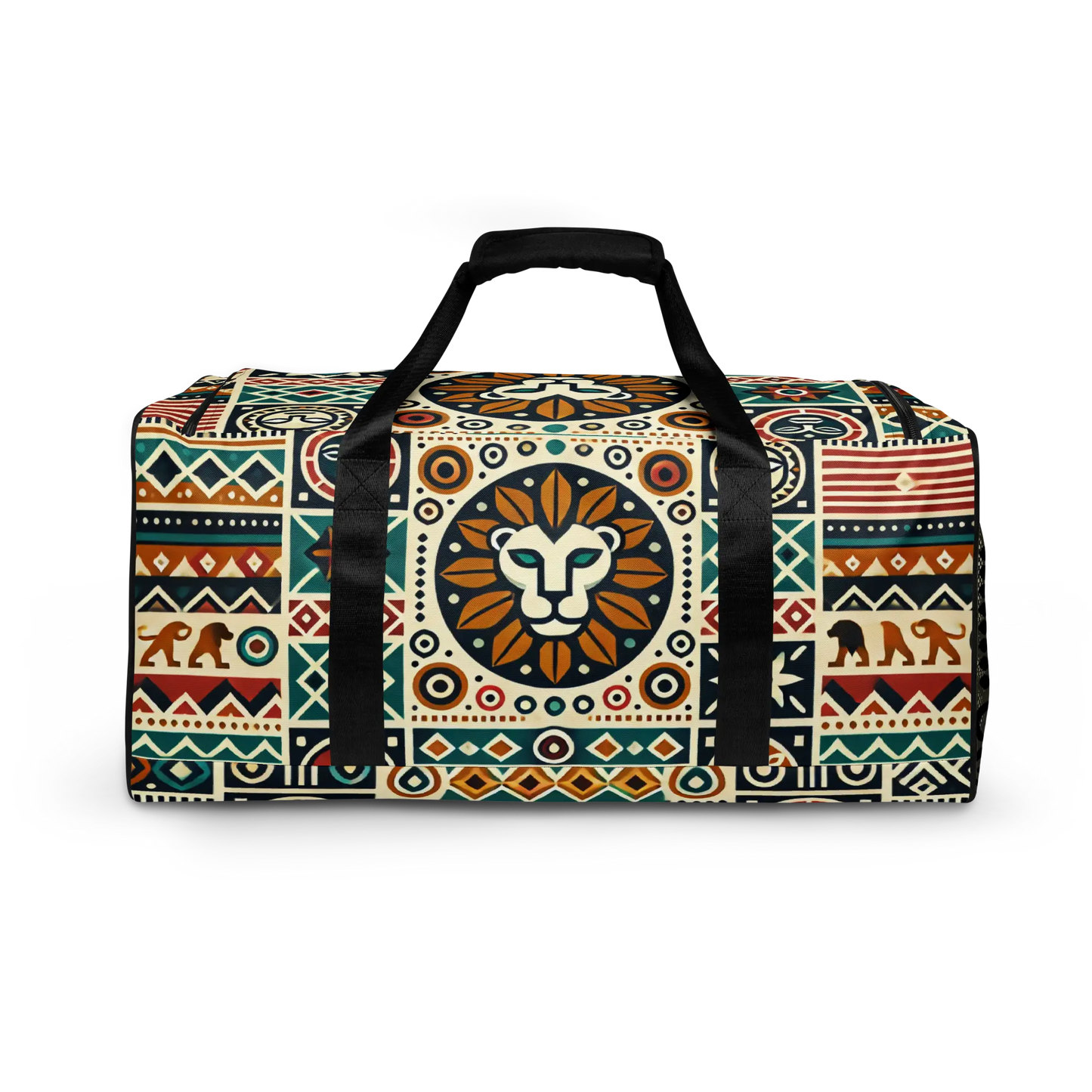 Tribal lion duffle bag with African-inspired pattern and bold lion head design