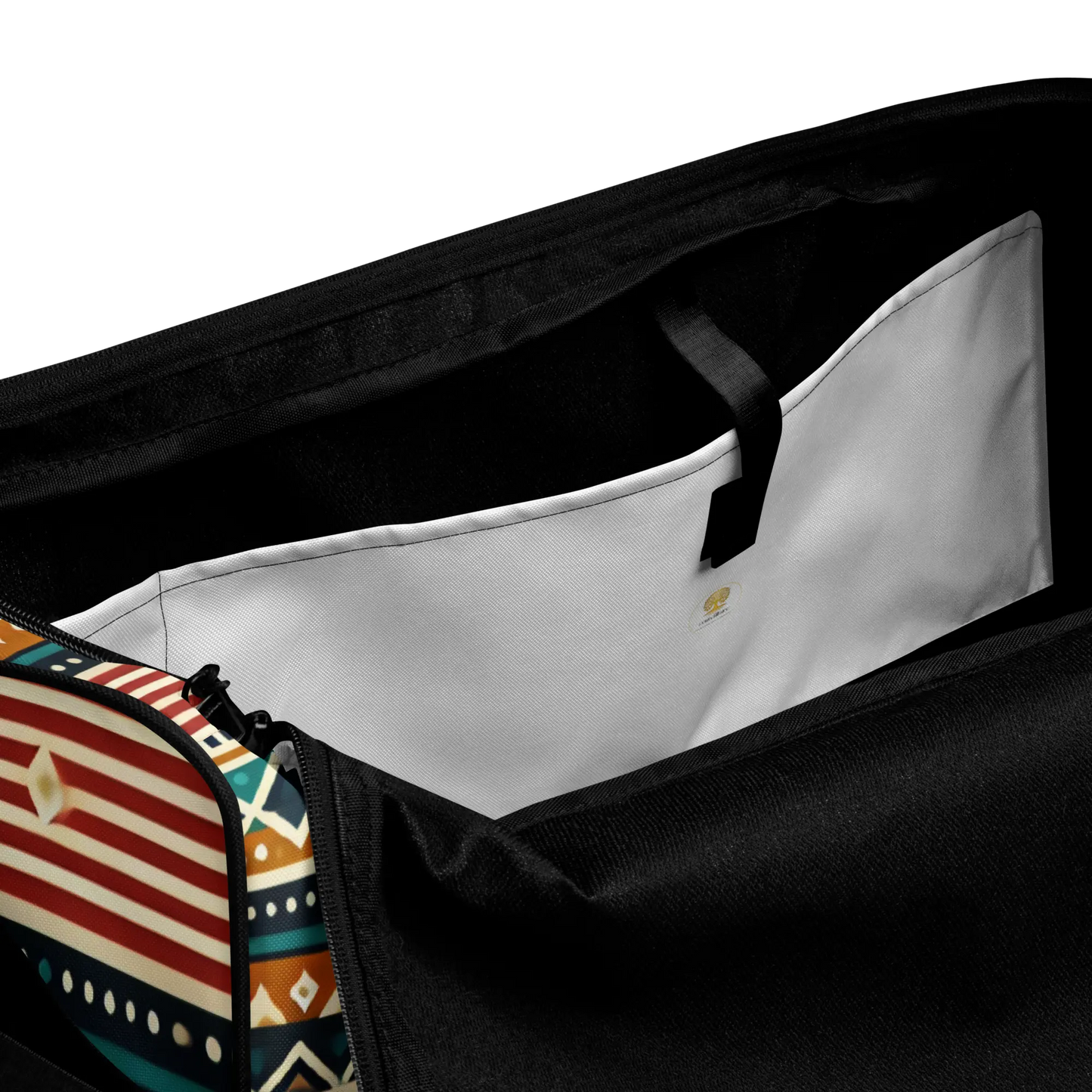 Tribal lion duffle bag with African-inspired pattern and bold lion head design