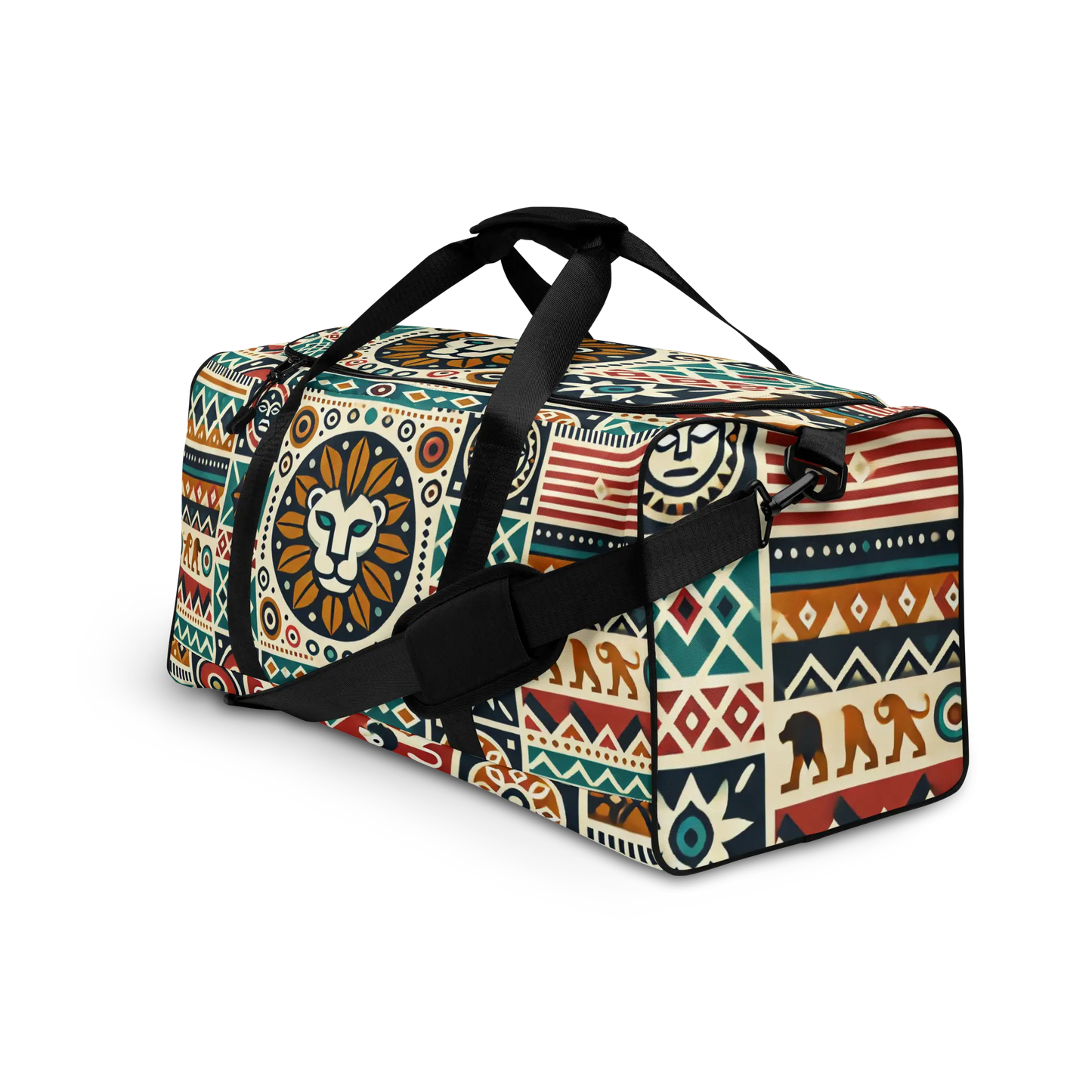 Tribal lion duffle bag with African-inspired pattern and bold lion head design