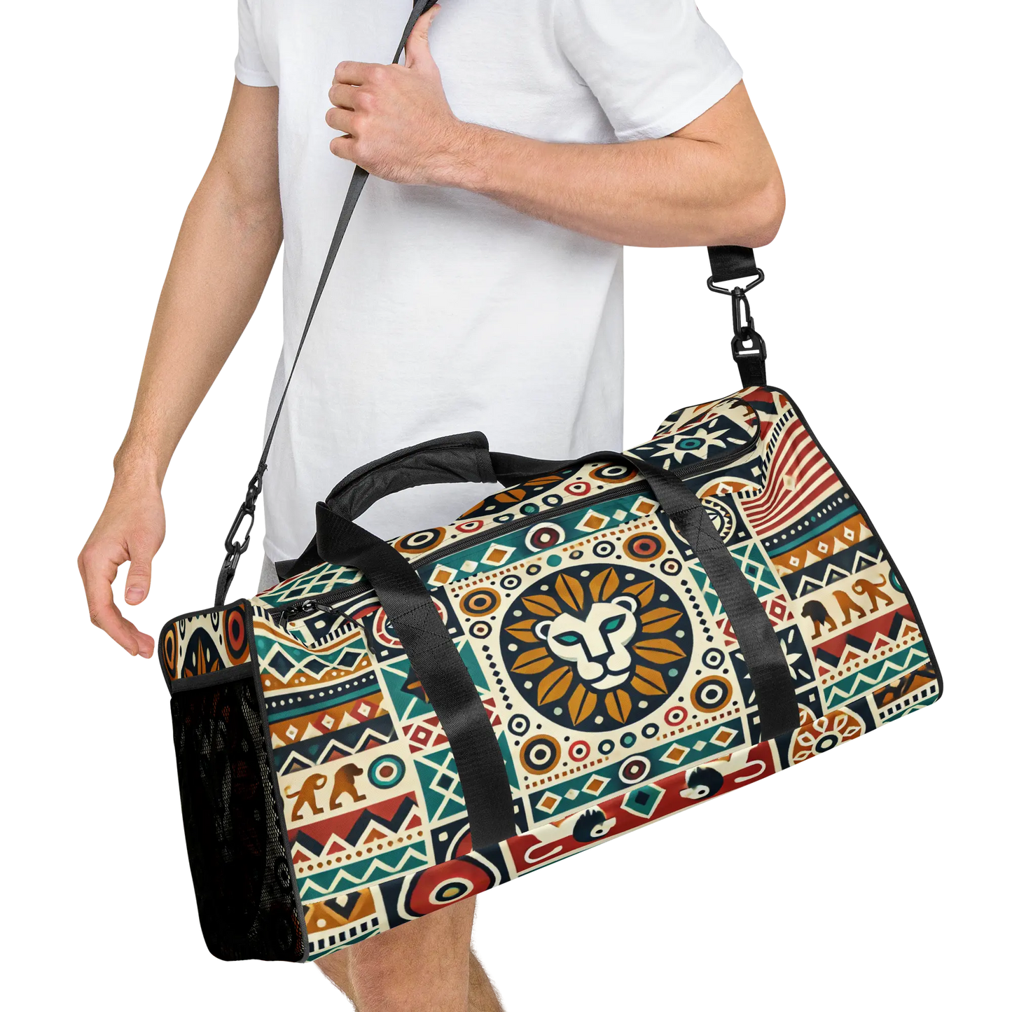 Tribal lion duffle bag with African-inspired pattern and bold lion head design