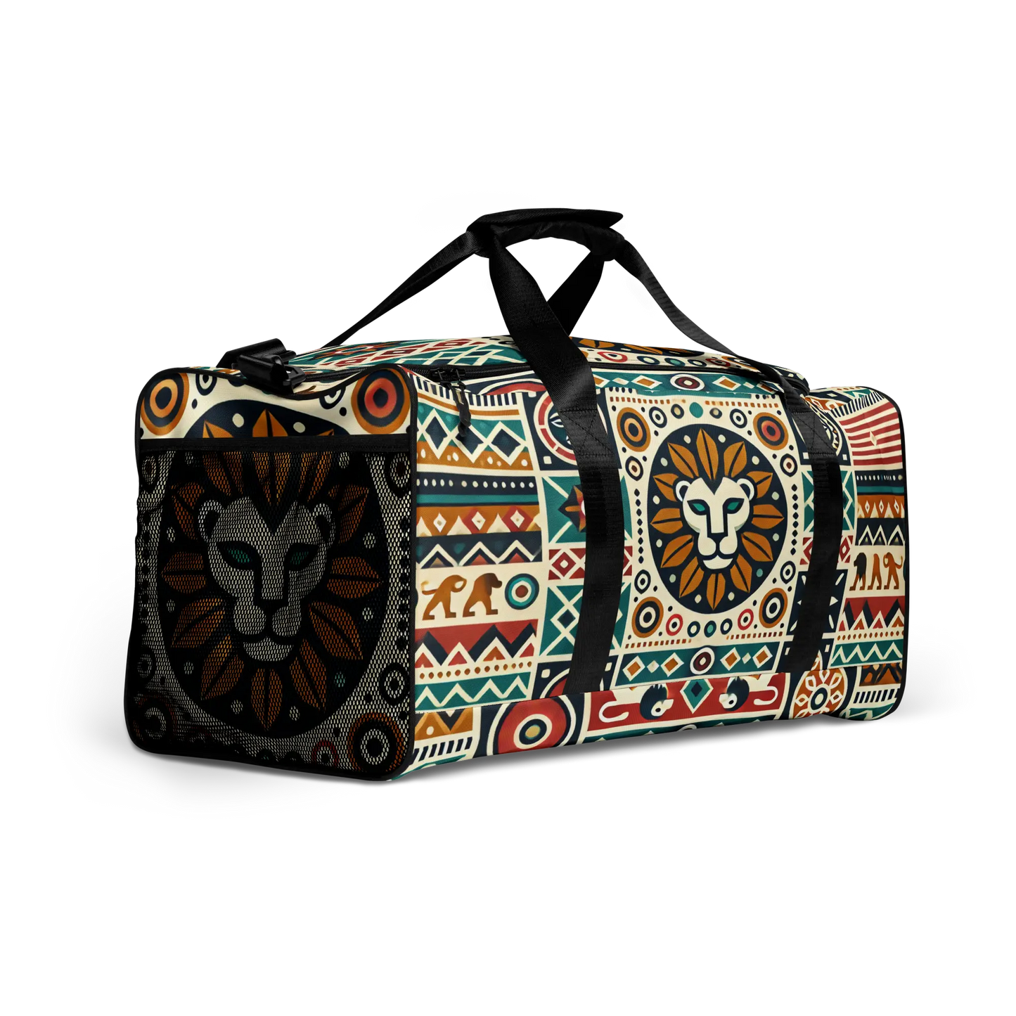 Tribal lion duffle bag with African-inspired pattern and bold lion head design