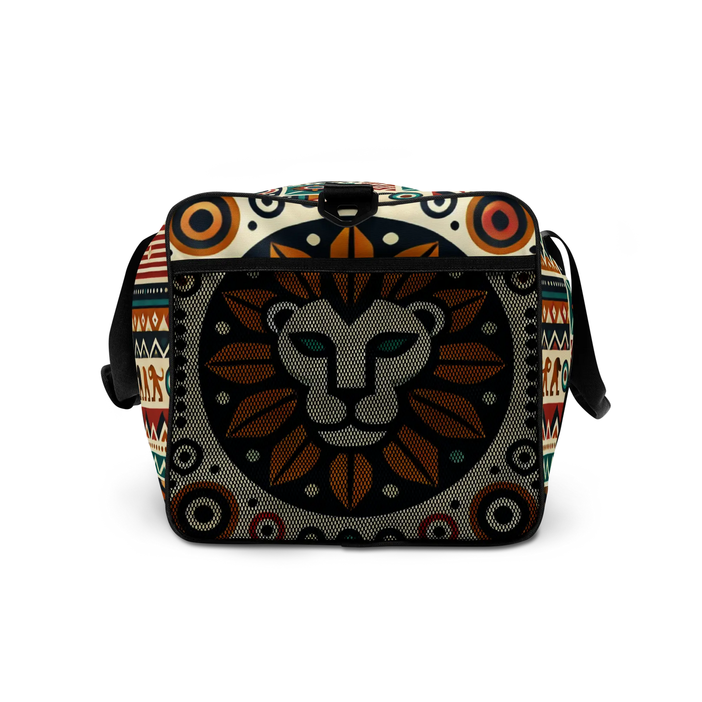 Tribal lion duffle bag with African-inspired pattern and bold lion head design
