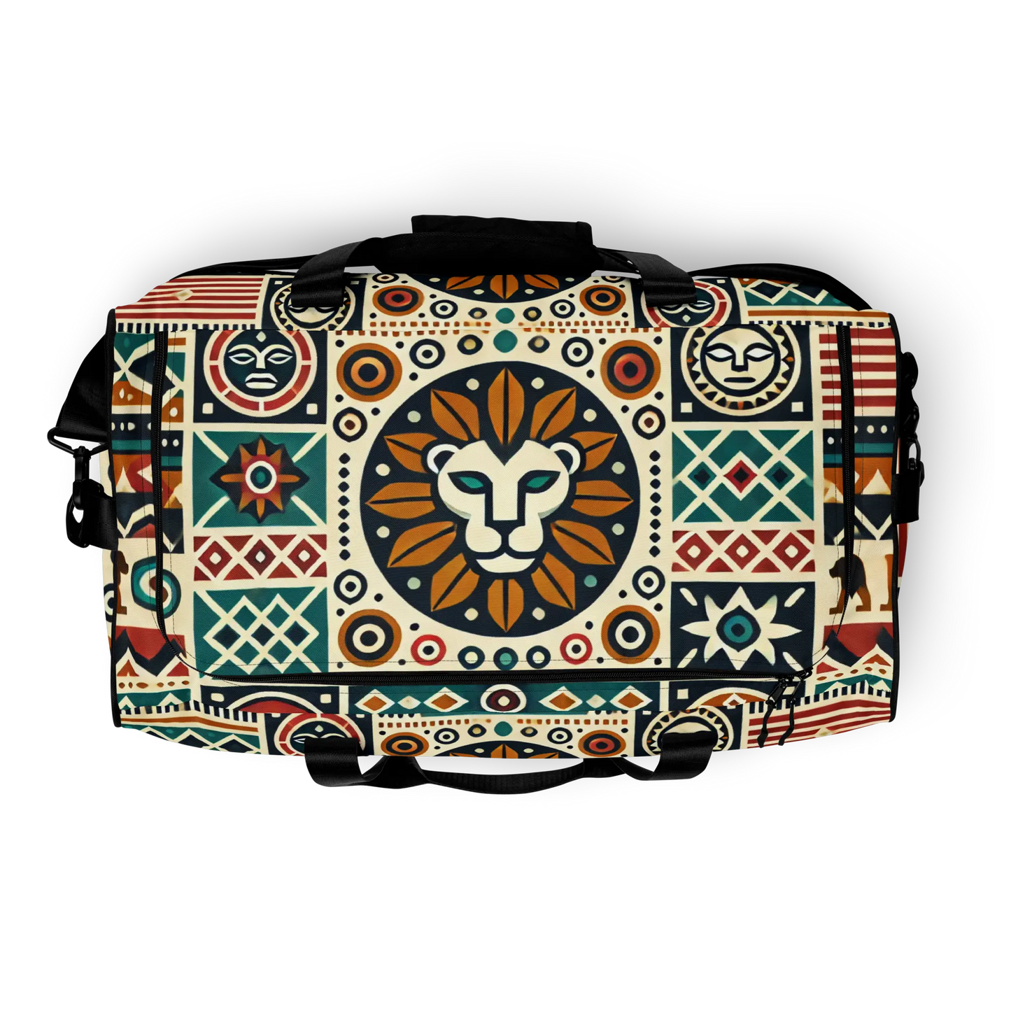 Tribal lion duffle bag with African-inspired pattern and bold lion head design