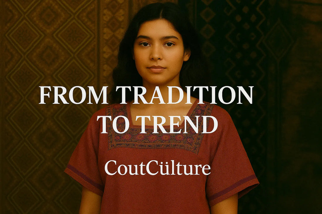 Portrait of a young woman in traditional embroidered clothing with the text "From Tradition to Trend" and "CoutCülture" overlaid, set against a background of rich cultural textiles.