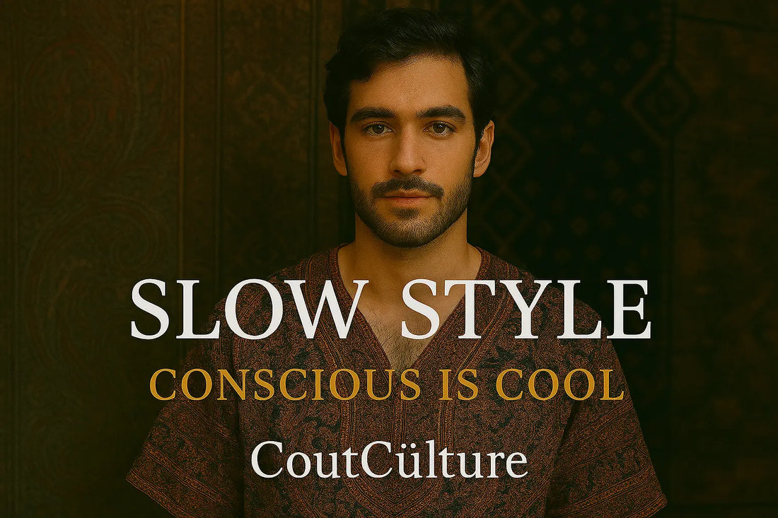 Young man in culturally inspired slow fashion tunic in front of tapestry – SLOW STYLE campaign by CoutCülture