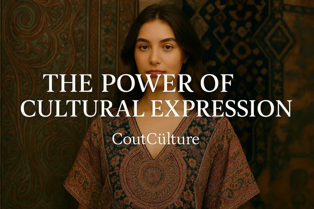 Young woman wearing a culturally inspired dress in warm tones, representing cultural expression and modern sustainable fashion – CoutCulture