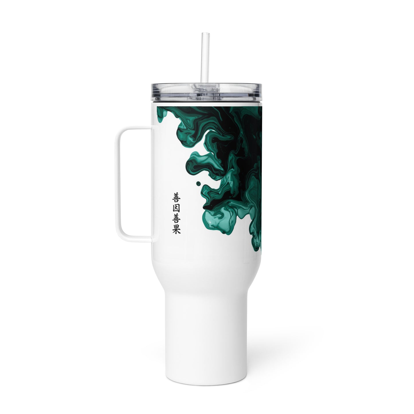 Travel mug with handle in lifestyle setting modern coffee tumbler minimal cultural design