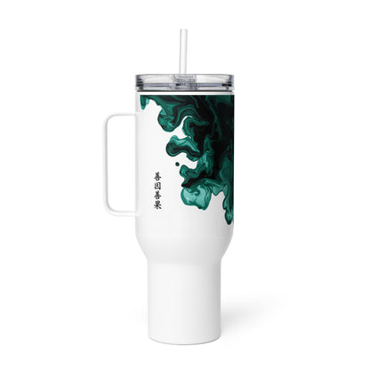 Travel mug with handle in lifestyle setting modern coffee tumbler minimal cultural design