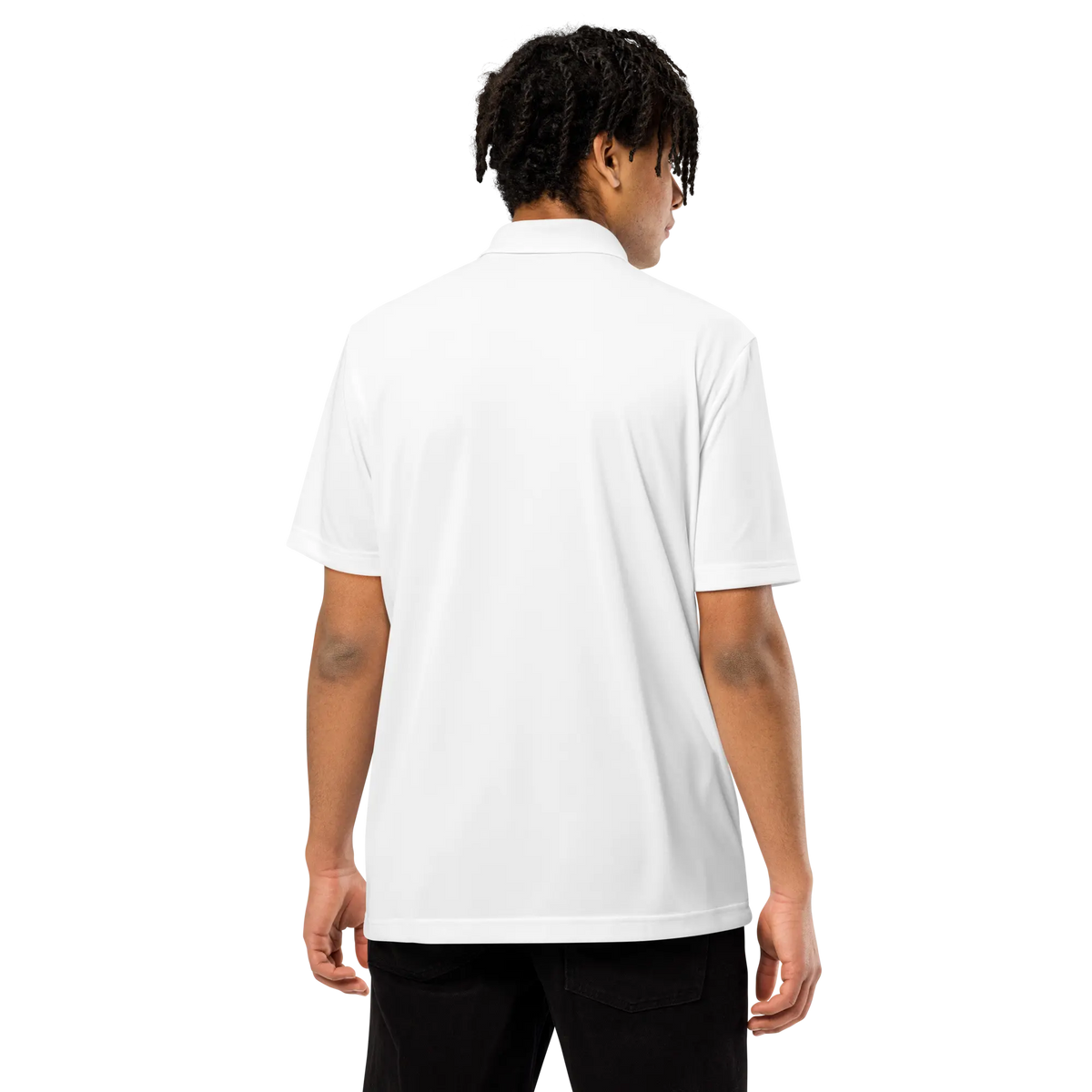 White adidas® performance polo shirt with embroidered CoutCülture emblem on chest, front view.