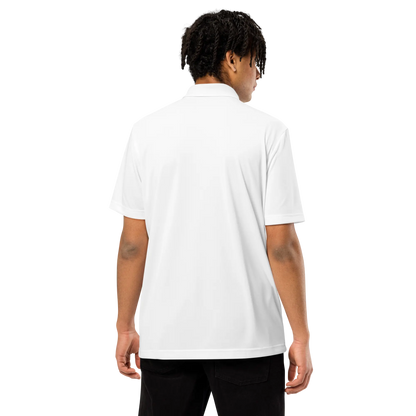 White adidas® performance polo shirt with embroidered CoutCülture emblem on chest, front view.