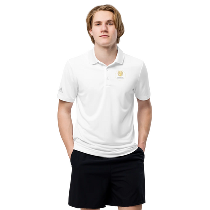 White adidas® performance polo shirt with embroidered CoutCülture emblem on chest, front view.