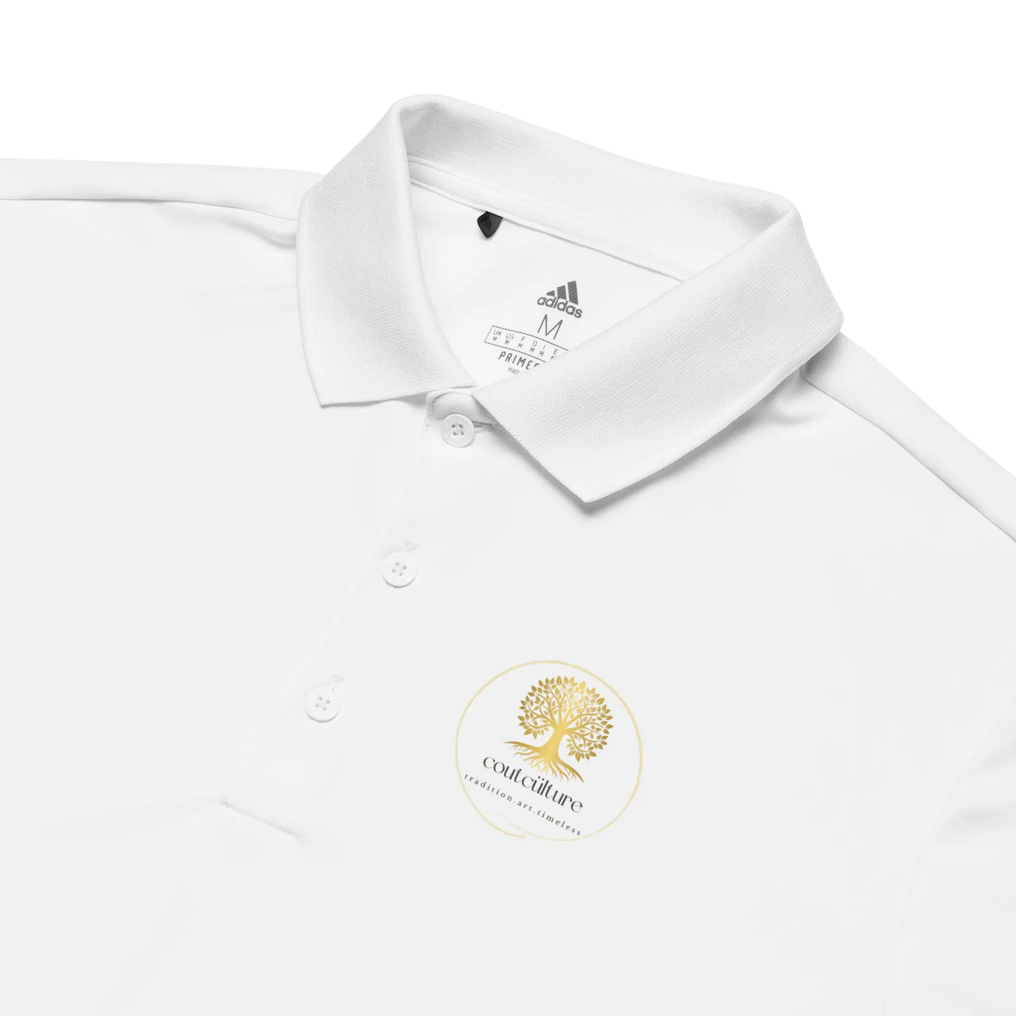 White adidas® performance polo shirt with embroidered CoutCülture emblem on chest, front view.