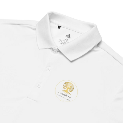 White adidas® performance polo shirt with embroidered CoutCülture emblem on chest, front view.