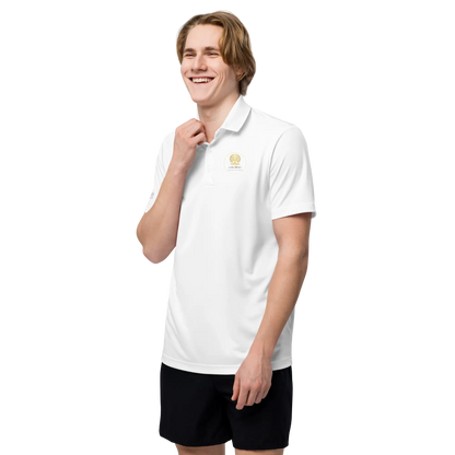 White adidas® performance polo shirt with embroidered CoutCülture emblem on chest, front view.