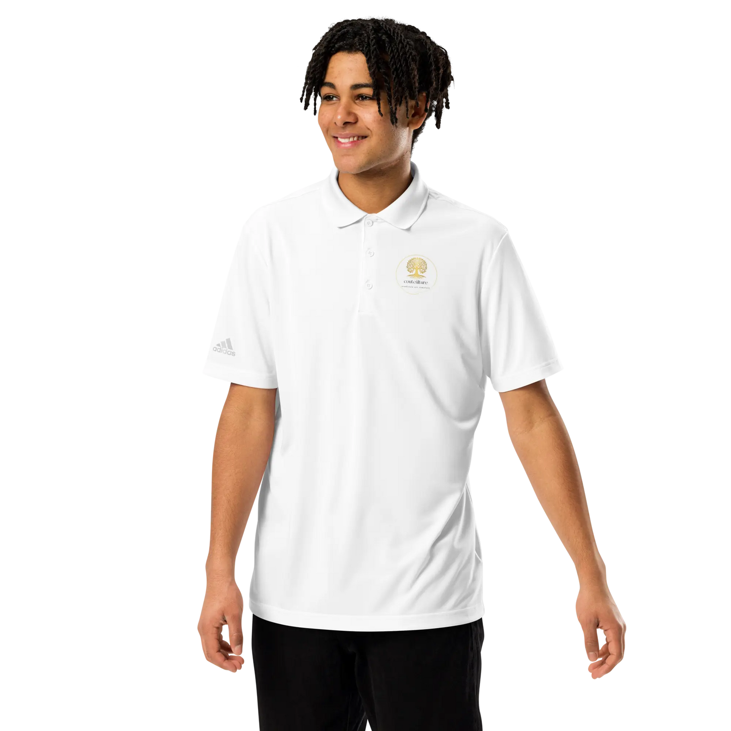 White adidas® performance polo shirt with embroidered CoutCülture emblem on chest, front view.