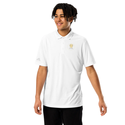 White adidas® performance polo shirt with embroidered CoutCülture emblem on chest, front view.
