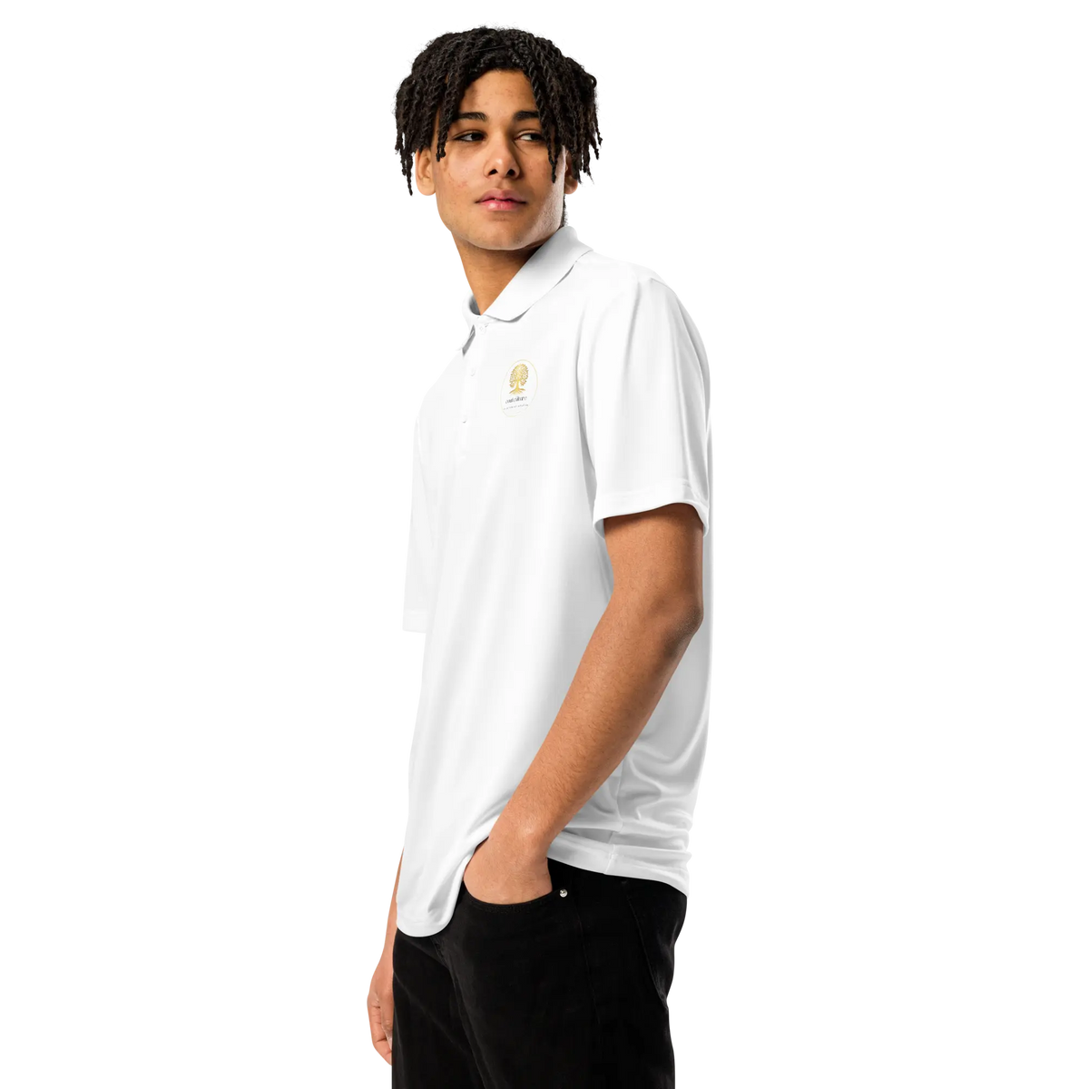White adidas® performance polo shirt with embroidered CoutCülture emblem on chest, front view.