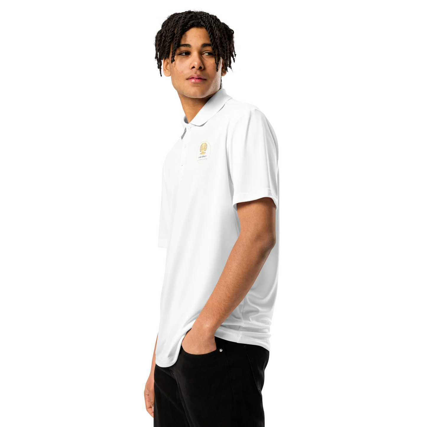 White adidas® performance polo shirt with embroidered CoutCülture emblem on chest, front view.