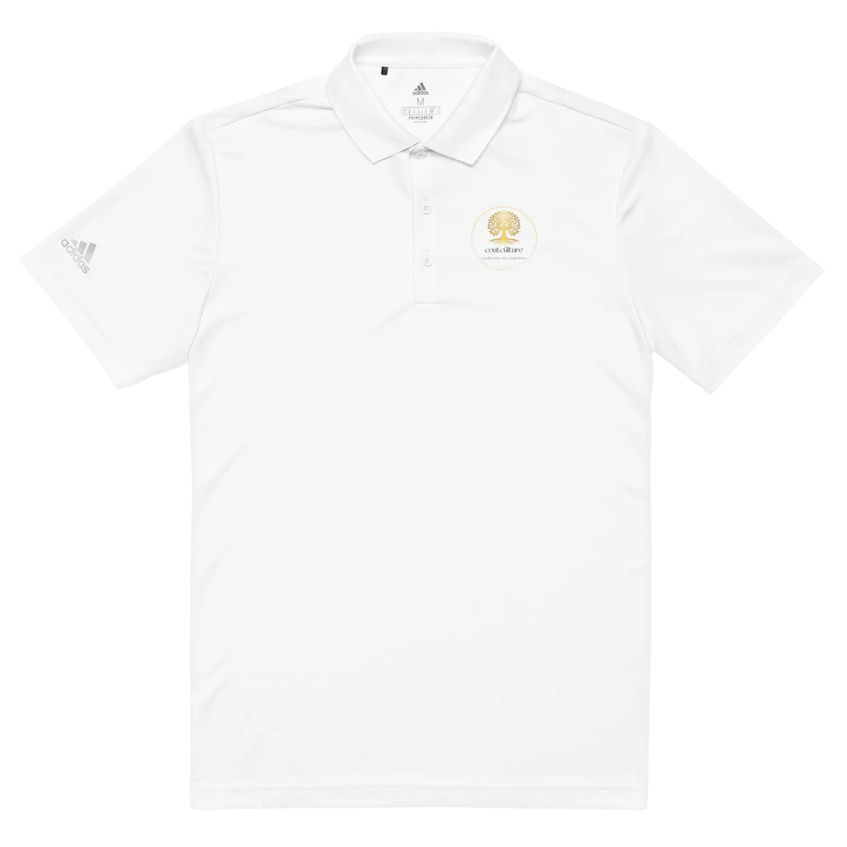 White adidas® performance polo shirt with embroidered CoutCülture emblem on chest, front view.