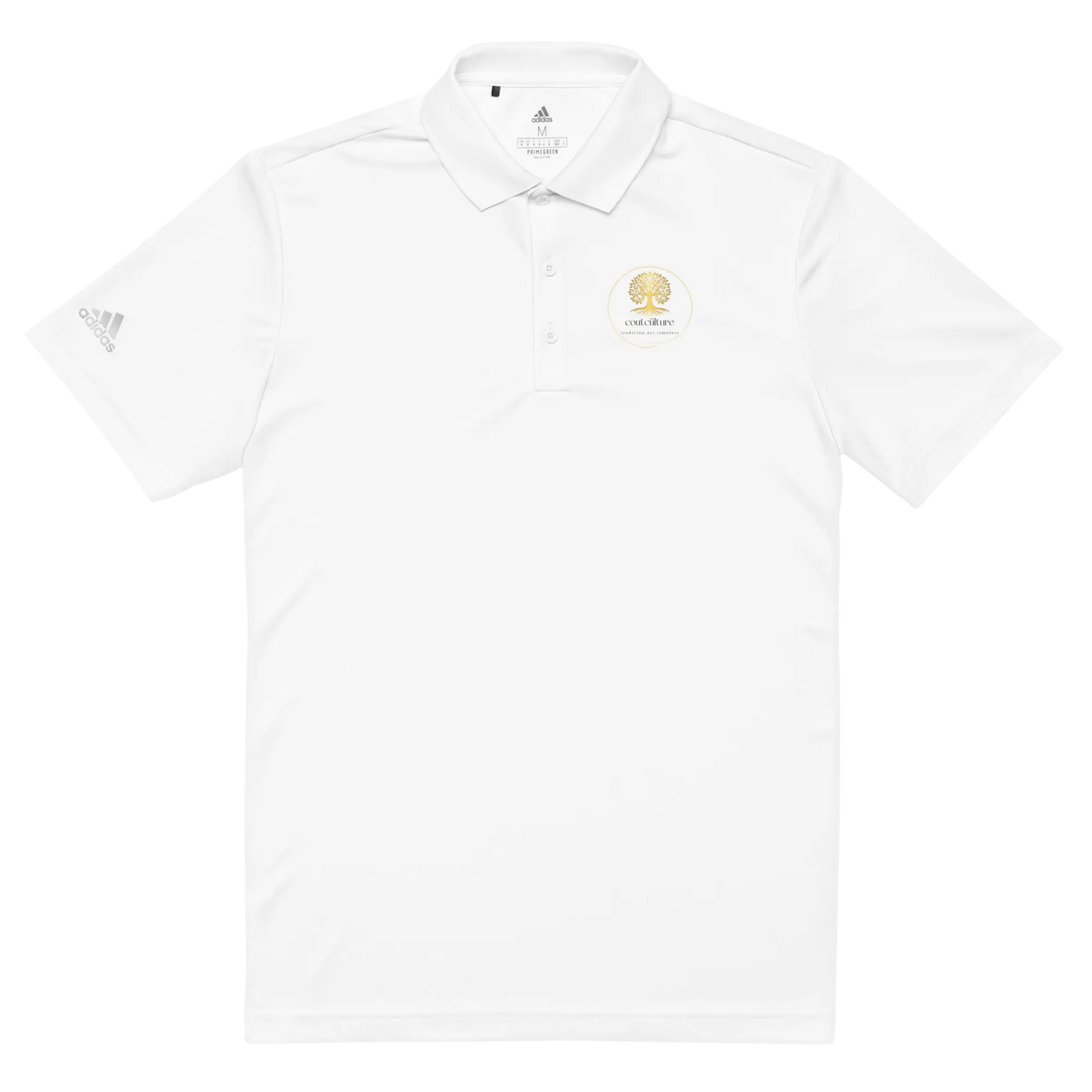White adidas® performance polo shirt with embroidered CoutCülture emblem on chest, front view.