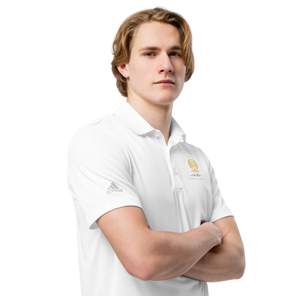 White adidas® performance polo shirt with embroidered CoutCülture emblem on chest, front view.