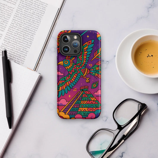 Colorful Aztec spirit bird iPhone case with tribal design and pyramid, MagSafe compatible