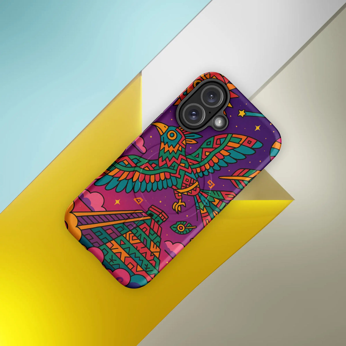 Colorful Aztec spirit bird iPhone case with tribal design and pyramid, MagSafe compatible