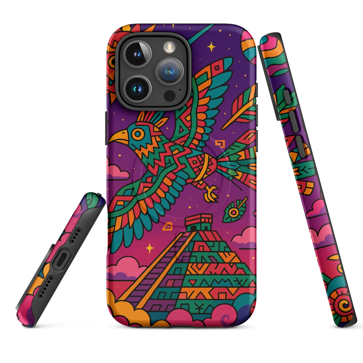 Colorful Aztec spirit bird iPhone case with tribal design and pyramid, MagSafe compatible