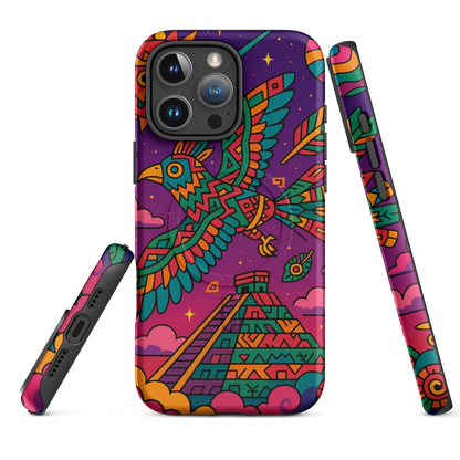 Colorful Aztec spirit bird iPhone case with tribal design and pyramid, MagSafe compatible