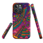 Colorful Aztec spirit bird iPhone case with tribal design and pyramid, MagSafe compatible