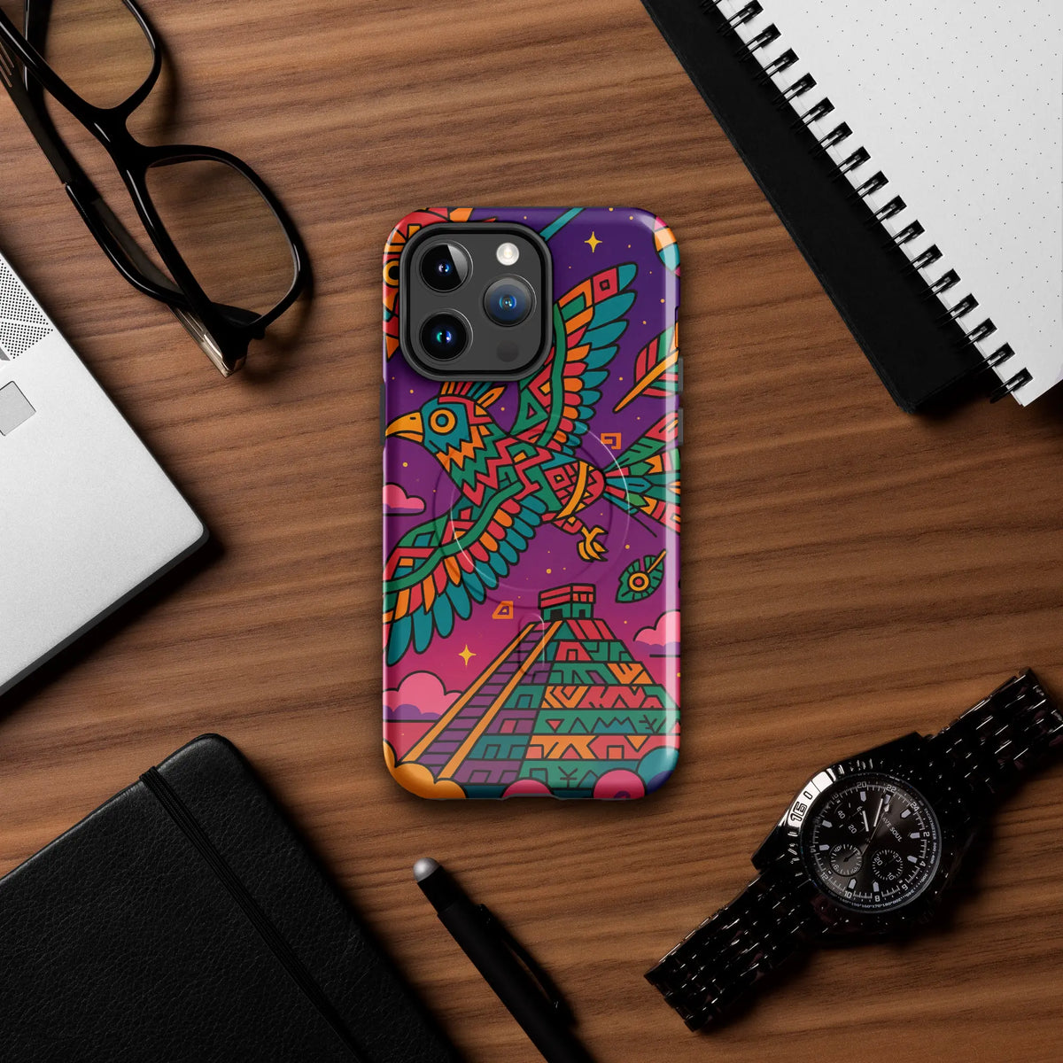 Colorful Aztec spirit bird iPhone case with tribal design and pyramid, MagSafe compatible