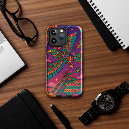 Colorful Aztec spirit bird iPhone case with tribal design and pyramid, MagSafe compatible