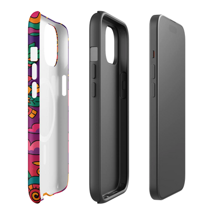 Colorful Aztec spirit bird iPhone case with tribal design and pyramid, MagSafe compatible